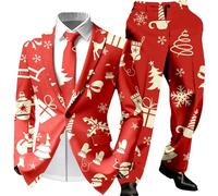Ensemble Costume Et Pantalon Homme Noel,Suits Masculins Élégants Imprimé Festif pour Célébrations Hivernales Tenue Deux Pièces Sophistiquée pour Parties Rassemblements Mufti Style (Red, XL)