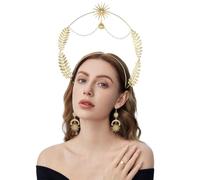 Ensemble couronne et boucles d'oreilles de déesse bohème avec halo, feuilles dorées, lune et étoiles, accessoires idéaux pour les femmes lors de mariages et fêtes costumées