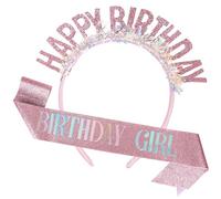 Ensemble Couronne et Écharpe Rose Joyeux Anniversaire, Écharpe Pailletée Joyeux Anniversaire Serre-Tête Princesse Confettis Arc-En-Ciel pour Filles et Femmes pour Fêtes Décorations D'anniversaire