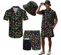Ensemble court pour homme - Tenue des années 80 et 90 - Survêtement rétro 2 pièces - Chemises hawaïennes assorties avec un chapeau cloche, Rétro 3_Dinosaure, XL