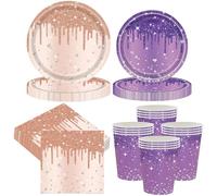 Ensemble Couverts de décoration de fête diamant Pourpre et Rosa, 80 pièces vaisselle thème diamant argent et or pour enfants, assiettes en carton, gobelets, Mouchoir en papier pour et accessoires