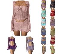 Ensemble Crochet Femme Sexy Mini Jupe Bustier Tubulaire Bretelles Creuses Paillettes Costume Tricoté Y2K Col en V Coupe Ajustée Mode Résille Haut à Lacets + Jupe Courte Enveloppante Tenue Plage