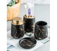 Ensemble D’Accessoires De Chambre 4 Pièces, Motif Marbre, Accessoire en Céramique, Ensemble Complet, Accessoire avec Distributeur De Savon, Porte-Brosse à Dents, Porte-Savon, Black