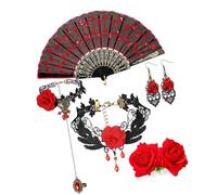 Ensemble d ' accessoires de fête, éventail floral rouge foncé, peigne à cheveux, pièces de bijoux pour le de scène, garde-robe de cosplay, costume de cabine photo, ensemble d ' accessoires gothiques