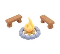 Ensemble d ' accessoires de scène de camping avec deux tabourets, bordure en pierre centrale en flamme, décor léger pour étagères de maison de poupée, configurations d ' affichage, de photographie,