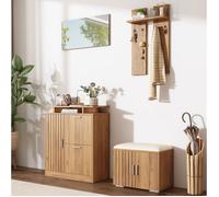 Ensemble D Entree Bois Naturel 5 Portes, Meuble D Entree Moderne FloraGrace, Pour Hall Et Couloir, Assise Rembourree, 140x35x133cm