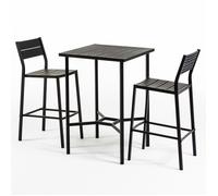 Ensemble d’extérieur DANTE & BEATRICE avec table 70x70 cm et 2 tabourets hauts, structure en acier et assises effet bois