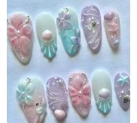 Ensemble d ' ongles à pression dégradé Ombres avec perles étoiles | Facile à porter avec un design de coquillages et une finition holographique pour les femmes