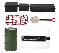 Ensemble d’outils décoratifs pour voiture RC, kit d’accessoires RC avec boîte de rangement en forme de baril d’huile, pelle, filet à bagages et autocollant, compatible avec (Noire)