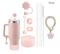 Ensemble d'accessoires 9 pièces, 3 bouchons anti-déversement, fleurs, couverture de paille, botte, 2 pièces, brosse et 1 chaîne à breloques en forme de fleur pour tasse Stanley green