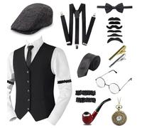 Ensemble d'Accessoires Années 20 Pour Homme - Costume Carnaval Mafia Avec Chapeau Panama, Bretelles Réglables, Cravate, Lunettes - Style Peaky Blinders et Gatsby