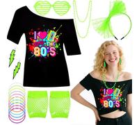 Ensemble d'accessoires de costume 7 pièces pour femme des années 80 avec t-shirt, gants en résille, bandeau, boucles d'oreilles, bracelet, lunettes en forme de cœur, tenue rétro pour femme et fille
