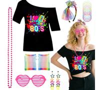 Ensemble d'accessoires de costume 7 pièces pour femme des années 80 avec t-shirt, gants en résille, bandeau, boucles d'oreilles, bracelet, lunettes en forme de cœur, tenue rétro pour femme et fille