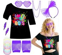 Ensemble d'accessoires de costume 7 pièces pour femme des années 80 avec t-shirt, gants en résille, bandeau, boucles d'oreilles, bracelet, lunettes en forme de cœur, tenue rétro pour femme et fille