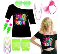 Ensemble d'accessoires de costume 7 pièces pour femme des années 80 avec t-shirt, gants en résille, bandeau, boucles d'oreilles, bracelet, lunettes en forme de cœur, tenue rétro pour femme et fille
