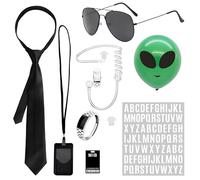 Ensemble d'accessoires de costume d'agent double pour homme et femme | Kit complet de costume noir pour homme avec carte d'identité, fausse oreillette, attache zippée, lunettes de soleil et bague |