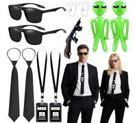 Ensemble d'accessoires de costume d'agent secret avec porte-carte d'identité, cravates noires, lunettes de soleil, oreillettes gonflables, extraterrestres verts pour femme, homme, Halloween, cosplay