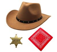 Ensemble d'accessoires de costume de cowboy western de style cosplay noir et marron avec chapeau et bandanas pour carnaval, fasching, costume adulte, homme et femme, Halloween, fête à thème, fête à