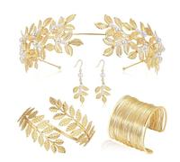 Ensemble d'accessoires de costume de déesse grecque pour femme - Lauriers dorés - Couronnes de feuilles, bandeau, poignets - Bracelets en spirale - Accessoires de costume de déesses grecques, Lot de 4