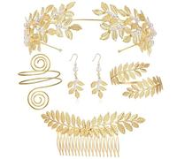 Ensemble d'accessoires de costume de déesse grecque pour femme - Lauriers dorés - Couronnes de feuilles, bandeau, poignets - Bracelets en spirale - Accessoires de costume de déesses grecques, Cheveux