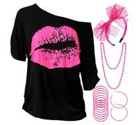 Ensemble d'Accessoires de Costume de Femmes des Années 80, T-Shirt Lèvre Imprimée Bandeau en Dentelle Boucles d'oreilles Collier Bracelet pour Fête à Thème des Années 80(Rose Rouge,XXXL)