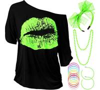 Ensemble d'Accessoires de Costume de Femmes des Années 80, T-Shirt Lèvre Imprimée Bandeau en Dentelle Boucles d'oreilles Collier Bracelet pour Fête à Thème des Années 80(Vert Fluorescent,S)