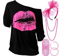 Ensemble d'Accessoires de Costume de Femmes des Années 80, T-Shirt Lèvre Rouge Imprimée Bandeau en Dentelle Boucles d'oreilles Collier Bracelet pour Soirée à Thème des Années 80 - Noir/Rose - L