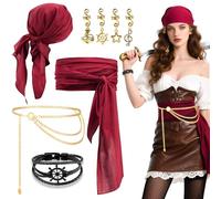 Ensemble d'accessoires de costume de pirate, 8 pièces - Accessoires de déguisement de pirates médiévaux pour femmes avec bandana, ceinture, chaîne de taille tournesol pour Halloween, cosplay, fête
