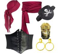 Ensemble d'Accessoires de Costume de Pirate, Bandeau de Pirate, Corset Noir, Cache-œil, Boucles d'Oreilles Or, bague tête de mort Or,Kit Costume Déguisement pour Carnaval, Halloween, Cosplay