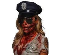 Ensemble d'accessoires de costume de police zombie pour femme - Comprend un chapeau de police, un badge, des menottes, des lunettes de soleil noires et un faux sang - Kit de déguisement d'Halloween