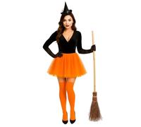 Ensemble d'accessoires de costume de sorcière pour femmes et filles - Comprend un chapeau de sorcière avec araignée en strass, un bâton à balai en bois, une jupe tutu orange à 3 couches, des