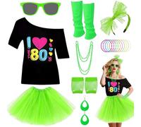 Ensemble d'accessoires de costume des années 80 pour femme avec t-shirt, jupe tutu, bandeau, boucles d'oreilles, collier, bracelet, lunettes, gants en résille, jambières pour déguisement rétro des