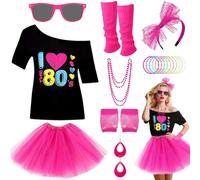 Ensemble d'accessoires de costume des années 80 pour femme, kit de fête néon des années 80 avec t-shirt, jupe tutu, bandeau, boucles d'oreilles, collier, bracelet, lunettes, gants en résille