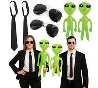 Ensemble d'accessoires de costume d'Halloween pour couple avec 2 cravates noires, 2 lunettes d'aviateur et 2 extraterrestres gonflables - Déguisement amusant pour adultes