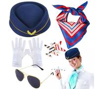 Ensemble D'accessoires De Costume D'hôtesse De L'air 7 Pièces, Écharpe Et Béret Rayés Vintage, Kit De Cosplay Rétro Pour Équipage De Cabine Avec Gants Et Broche D'avion, Tenue De Fête Sur Le Thème De