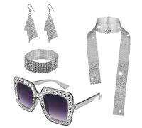 Ensemble d'accessoires de costume disco des années 70, costume disco des années 1970 pour femme et fille, écharpe, boucles d'oreilles, strass, monture épaisse, lunettes de soleil et bracelet, kit de