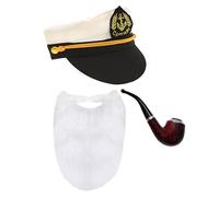Ensemble d'accessoires de costume d'oncle de marin pour adultes - Chapeau de capitaine blanc, fausse pipe à fumer et barbe blanche - Parfait pour une émission télévisée amusante et un déguisement