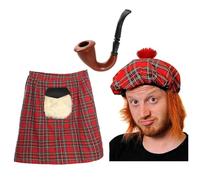 Ensemble d'accessoires de costume écossais pour adultes - Kilt tartan rouge avec sporran, chapeau Tam O Shanter assorti et fausse pipe - Ensemble d'accessoires de déguisement pour adultes Écosse Burns