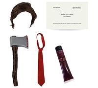 Ensemble d'accessoires de costume psycho tueur pour adultes - Perruque marron + hache sanglante + cravate rouge + carte de visite + faux sang - Déguisement d'Halloween pour adulte