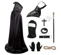 Ensemble d'accessoires de costume rétro en cuir avec masque d'oiseau gothique de la peste, masque de médecin avec canne intégrale noire, cape à capuche, gants, collier croix, boucle à anneau, ceinture