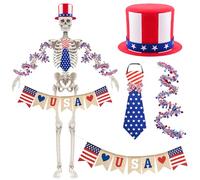 Ensemble d'accessoires de costume squelette de 3,7 m pour le jour de l'indépendance du 4 juillet, étoile patriotique rouge, bleu, blanc, chapeau haut-de-forme, nœud papillon, guirlande pour squelette