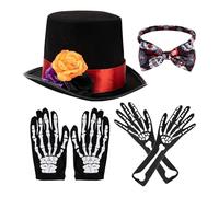 Ensemble d'accessoires de costume squelette pour homme | Gants en polyester durable avec tête de mort, chapeau et nœud papillon | Tenue d'Halloween pour le jour des morts | Jeu de rôle pour adultes et