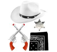 Ensemble d'accessoires de cowboy pour adultes - Chapeau de cowboy clouté étoile blanche, faux pistolet, bandana cachemire noir et badge de shérif argenté - Ensemble d'accessoires de déguisement de