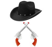Ensemble d'accessoires de cowboy pour adultes - Lot de 1 - Chapeau de cowboy noir clouté en étoile et faux pistolet en plastique - Ensemble d'accessoires de déguisement de shérif de l'Ouest sauvage