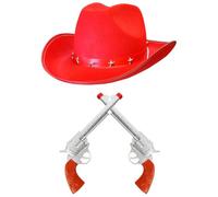 Ensemble d'accessoires de cowboy pour adultes - Lot de 1 - Chapeau de cowboy rouge clouté en étoile et faux pistolet en plastique - Ensemble d'accessoires de déguisement de shérif de l'Ouest sauvage