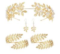 Ensemble D'accessoires De Déesse 5 Pièces - Feuille D'or Perle Bandeau Boucles D'oreilles Brassard | Bijoux De Cheveux De Mariée Élégants, Couronne De Costume Pour Femmes, Fête De Mariage,