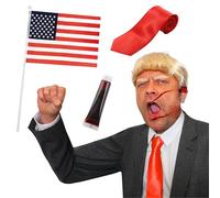 Ensemble d'accessoires de déguisement de célébrité américain pour adultes - Perruque blonde, cravate rouge, drapeau américain agitant à la main, faux sang