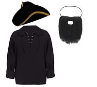 Ensemble D'ACCESSOIRES DE DÉGUISEMENT DE Pirate pour Hommes. Chapeau DE Pirate TRICORNE + Chemise Pirate Gothique Noire avec COL LACÉ + Barbe + Une Paire DE Pistolets Pirates. Taille: XXXX-Grand
