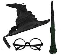 ENSEMBLE D'ACCESSOIRES DE DÉGUISEMENT DE SORCIER POUR ADULTES - CHAPEAU DE SORCIER + LUNETTES NOIRS RONDS + BAGUETTE DE SORCIER - ACCESSOIRES DE DÉGUISEMENTS POUR LA SEMAINE DU LIVRE (NOIR)