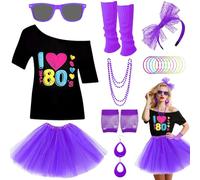 Ensemble d'accessoires de déguisement des années 80 pour fille, t-shirt violet, jupe tutu, bandeau, boucles d'oreilles, collier, gants en résille, jambières, bracelet pour femme (taille XXL)